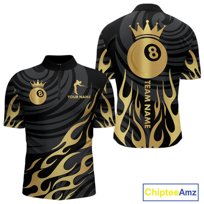 Custom Crown 8 Ball Billiard Shirt For Men, Black And Gold Pool Team Jersey Polo & Quarter Zip TDM5457
