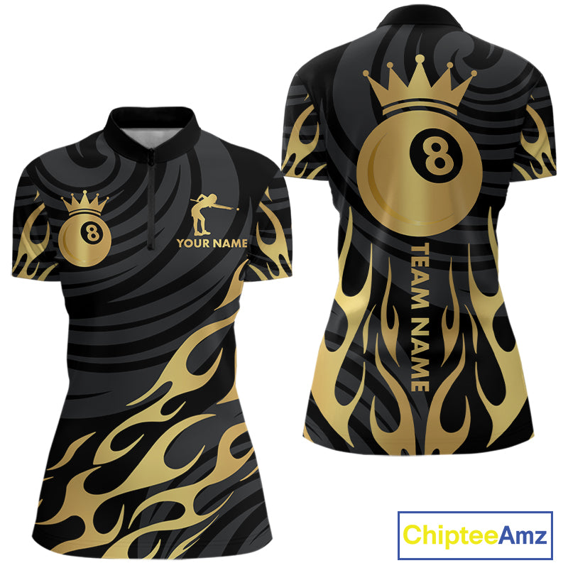 Custom Crown 8 Ball Billiard Shirt For Women, Black And Gold Pool Team Jersey Polo & Quarter Zip TDM5457