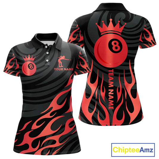 Custom Crown 8 Ball Billiard Shirt For Women, Black And Red Pool Team Jersey Polo & Quarter Zip TDM5458