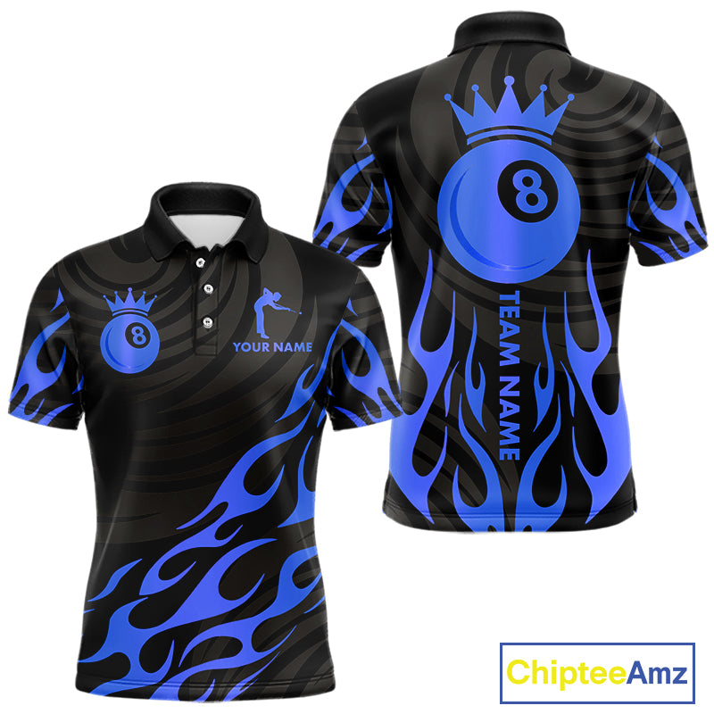 Custom Crown 8 Ball Billiard Shirt For Men, Black And Blue Pool Team Jersey Polo & Quarter Zip TDM5459