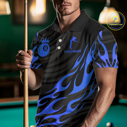 Custom Crown 8 Ball Billiard Shirt For Men, Black And Blue Pool Team Jersey Polo & Quarter Zip TDM5459