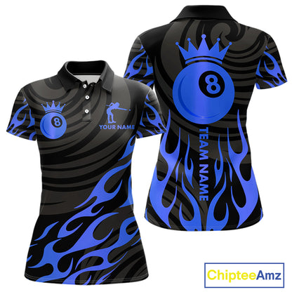 Custom Crown 8 Ball Billiard Shirt For Women, Black And Blue Pool Team Jersey Polo & Quarter Zip TDM5459