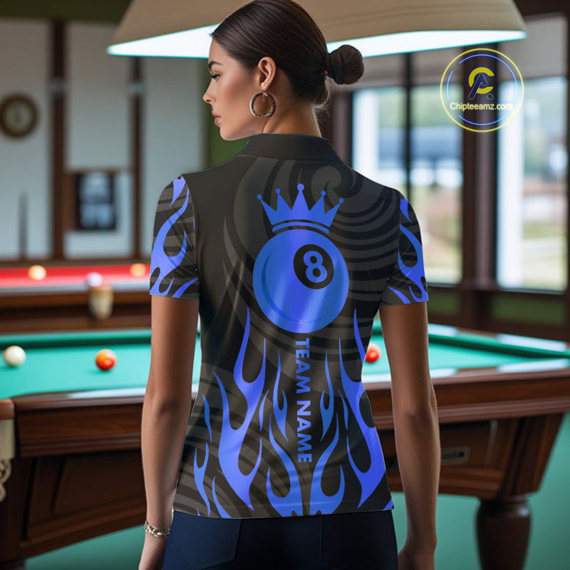 Custom Crown 8 Ball Billiard Shirt For Women, Black And Blue Pool Team Jersey Polo & Quarter Zip TDM5459