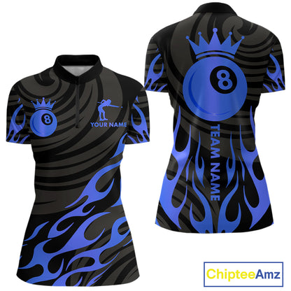 Custom Crown 8 Ball Billiard Shirt For Women, Black And Blue Pool Team Jersey Polo & Quarter Zip TDM5459