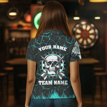 Load image into Gallery viewer, Personalized Turquoise Fiery Crack Skull Dart Shirts Custom Scary Dart Shirts For Women Dart Jerseys TDM3416