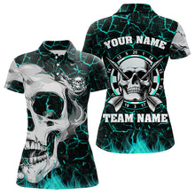 Load image into Gallery viewer, Personalized Turquoise Fiery Crack Skull Dart Shirts Custom Scary Dart Shirts For Women Dart Jerseys TDM3416