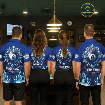 Blue 8 Ball Pool Icy Billiard Polo & 1/4 Zip For Men Custom Billiard League Team Jersey TDM5715