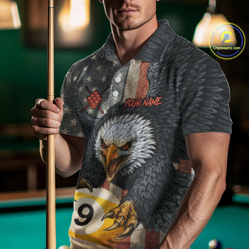 Personalized Vintage American Flag Eagle Billiard Shirt For Men, 9 Ball Pool Billiard Team Jerseys TDM5721