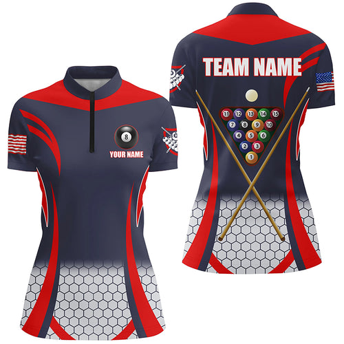 Custom Red 8 Bal Pool Billiard Jerseys Women Quarter-Zip Shirts, Team League Billiard Shirts TDM1104