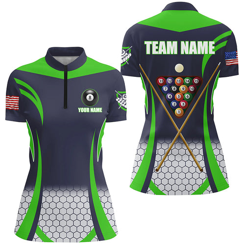 Custom Green 8 Bal Pool Billiard Jersey Women Quarter-Zip Shirt, Team League Billiard Shirts TDM1105
