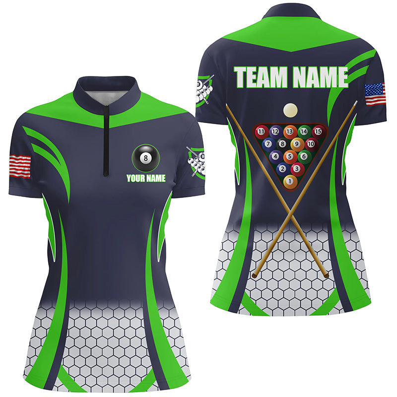 Custom Green 8 Bal Pool Billiard Jersey Women Quarter-Zip Shirt, Team League Billiard Shirts TDM1105