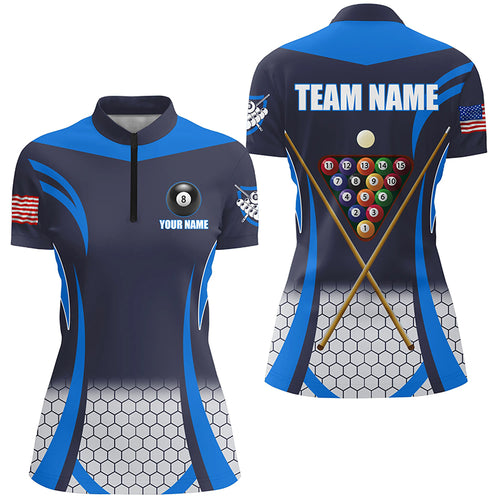 Custom Blue 8 Bal Pool Billiard Jersey Women Quarter-Zip Shirts, Team League Billiard Shirts TDM1106