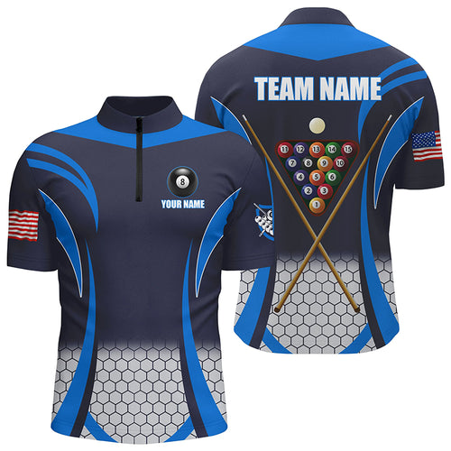 Custom Blue 8 Bal Pool Billiard Jersey Men Quarter-Zip Shirts, Team League Billiard Shirts TDM1106
