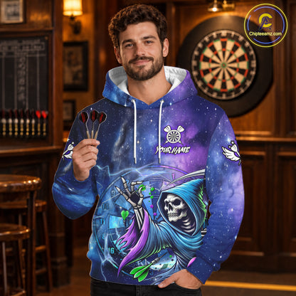 Grim Reaper Blue Purple Galaxy Dart Hoodie Shirt For Men And Women Custom Funny Darts Team Jersey TDM3561