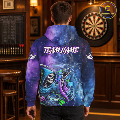 Grim Reaper Blue Purple Galaxy Dart Hoodie Shirt For Men And Women Custom Funny Darts Team Jersey TDM3561