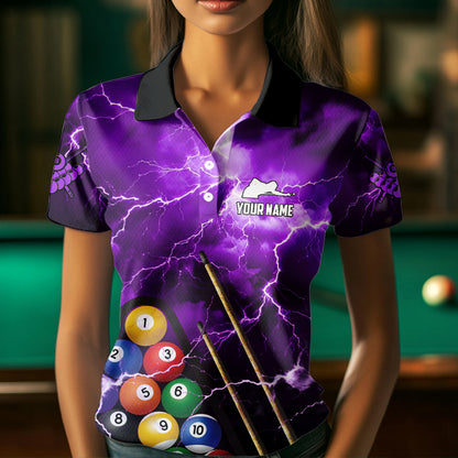 Personalized 3D Pool Ball Thunder Lightning Purple Billiard Shirts For Women, 8 Ball Billiard Jerseys TDM3715