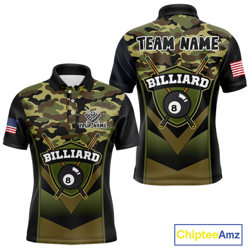 Personalized Green Camo 8 Ball Pool Billiard Shirt For Men, Billiard Team Jersey Polo & 1/4 Zip TDM6076