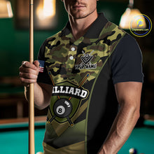 Load image into Gallery viewer, Personalized Green Camo 8 Ball Pool Billiard Shirt For Men, Billiard Team Jersey Polo &amp; 1/4 Zip TDM6076