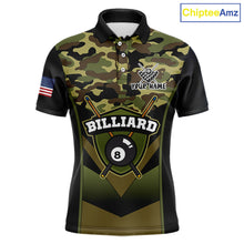Load image into Gallery viewer, Personalized Green Camo 8 Ball Pool Billiard Shirt For Men, Billiard Team Jersey Polo &amp; 1/4 Zip TDM6076