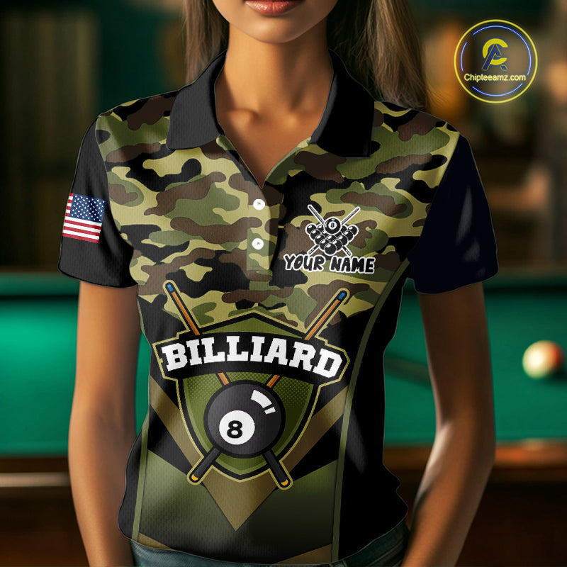 Personalized Green Camo 8 Ball Pool Billiard Shirt For Women, Billiard Team Jersey Polo & 1/4 Zip TDM6076