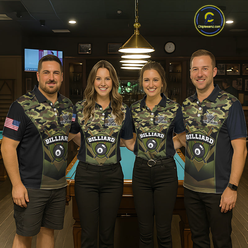 Personalized Green Camo 8 Ball Pool Billiard Shirt For Men, Billiard Team Jersey Polo & 1/4 Zip TDM6076