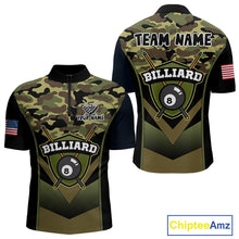 Load image into Gallery viewer, Personalized Green Camo 8 Ball Pool Billiard Shirt For Men, Billiard Team Jersey Polo &amp; 1/4 Zip TDM6076