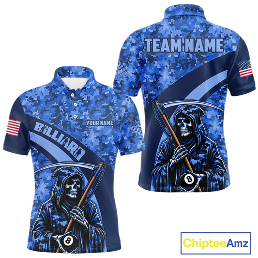 Personalized Grim Reaper Blue Camo Billiard Shirts For Men Custom Military Billiard Jerseys TDM3985