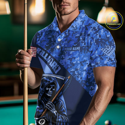 Personalized Grim Reaper Blue Camo Billiard Shirts For Men Custom Military Billiard Jerseys TDM3985