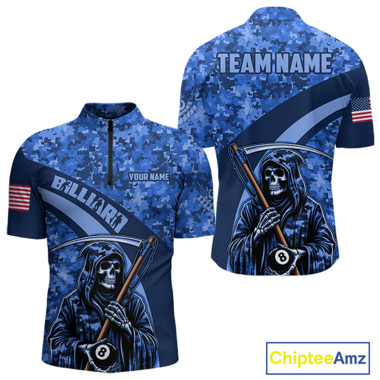 Personalized Grim Reaper Blue Camo Billiard Shirts For Men Custom Military Billiard Jerseys TDM3985