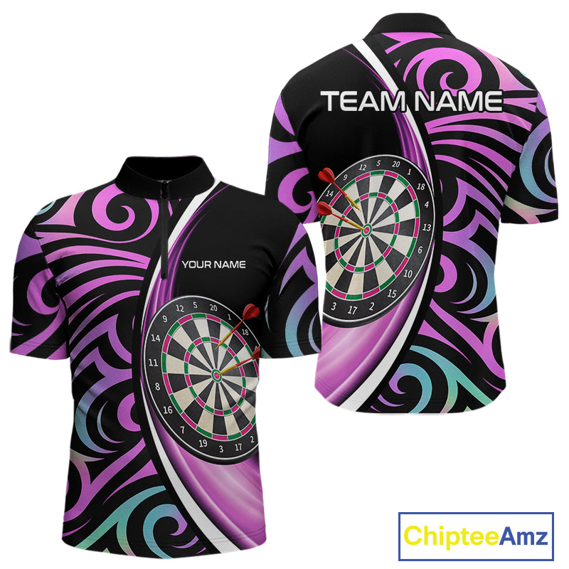 Funny Neon Purple Tribal Dart Shirts For Men – Custom Team Darts Jersey Polo & Quarter Zip TDM3993