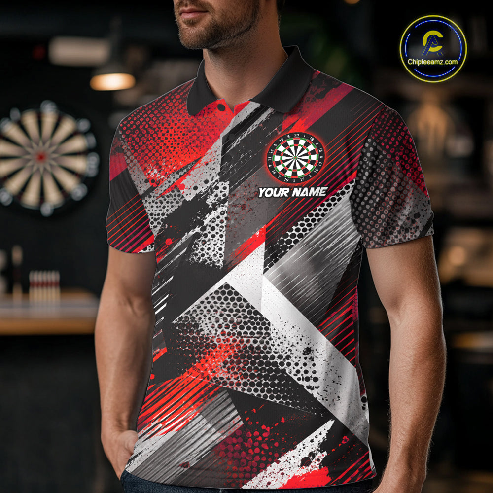 Personalized Red Geometric Grunge Darts Shirt For Men Custom Darts Team Jersey Polo & 1/4 Zip TDM6508