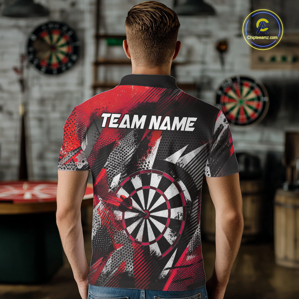 Personalized Red Geometric Grunge Darts Shirt For Men Custom Darts Team Jersey Polo & 1/4 Zip TDM6508