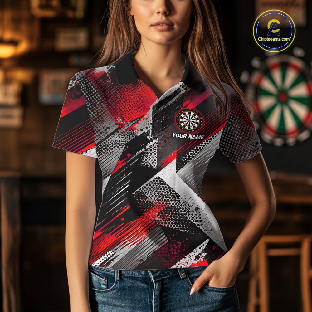 Personalized Red Geometric Grunge Darts Shirt For Women Custom Darts Team Jersey Polo & 1/4 Zip TDM6508