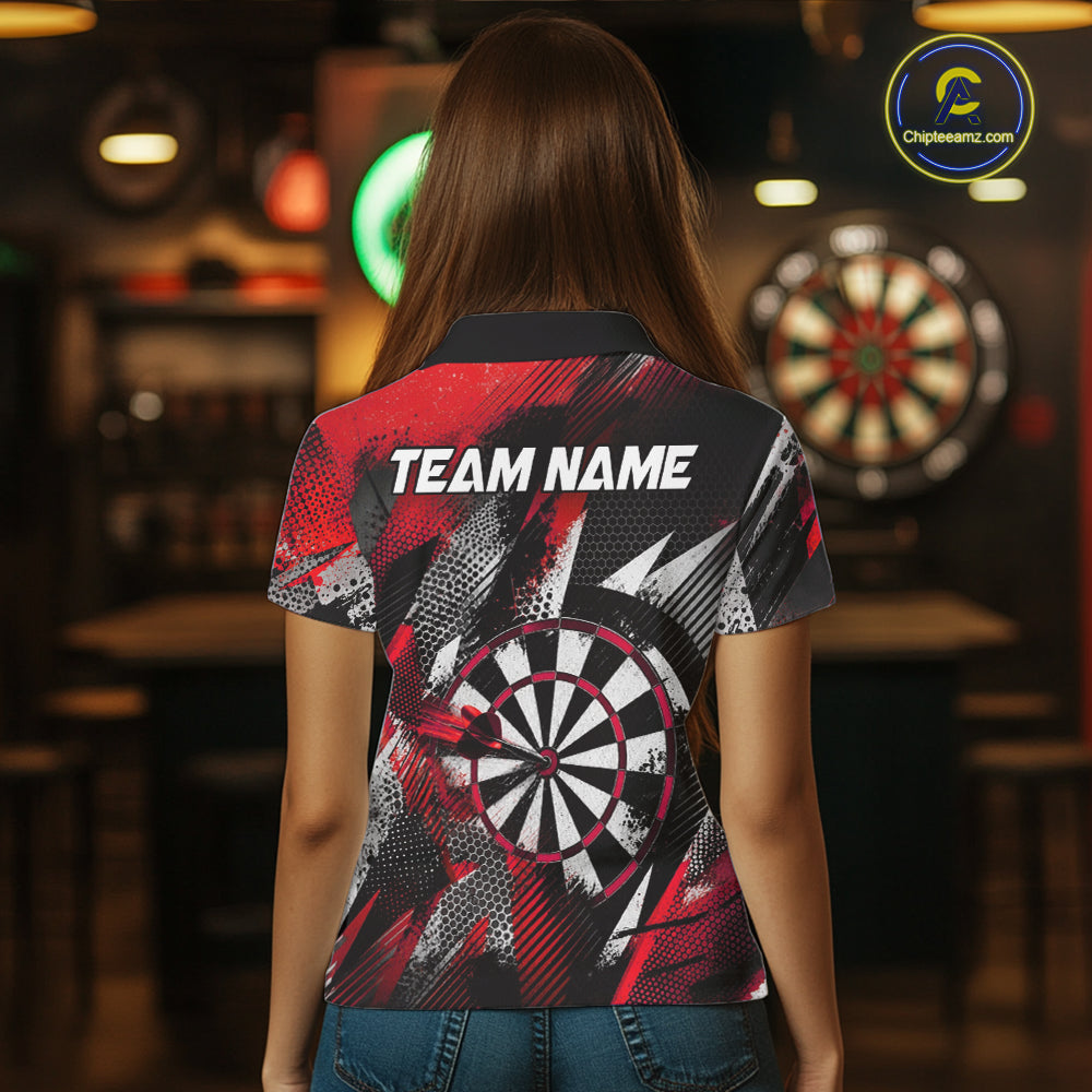 Personalized Red Geometric Grunge Darts Shirt For Women Custom Darts Team Jersey Polo & 1/4 Zip TDM6508