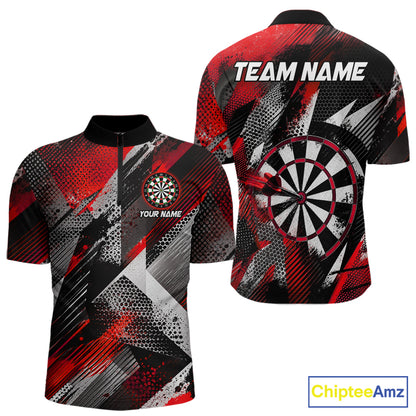 Personalized Red Geometric Grunge Darts Shirt For Men Custom Darts Team Jersey Polo & 1/4 Zip TDM6508
