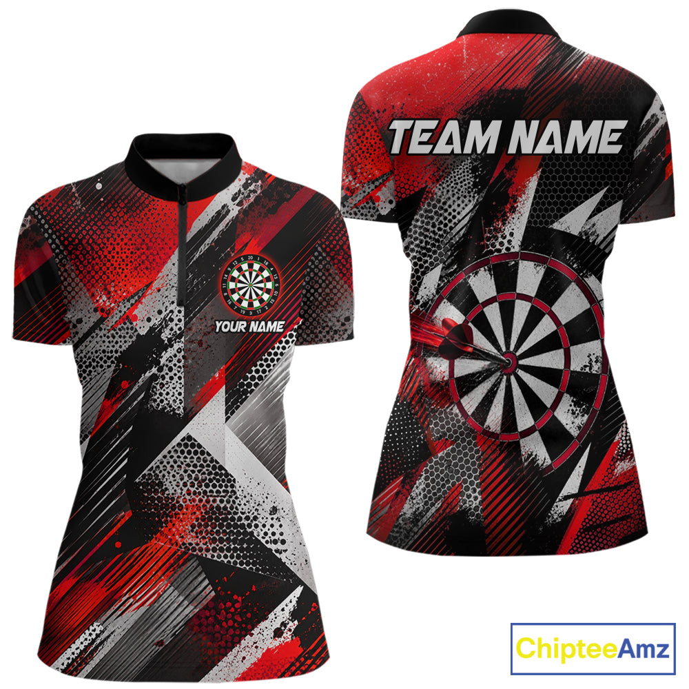 Personalized Red Geometric Grunge Darts Shirt For Women Custom Darts Team Jersey Polo & 1/4 Zip TDM6508