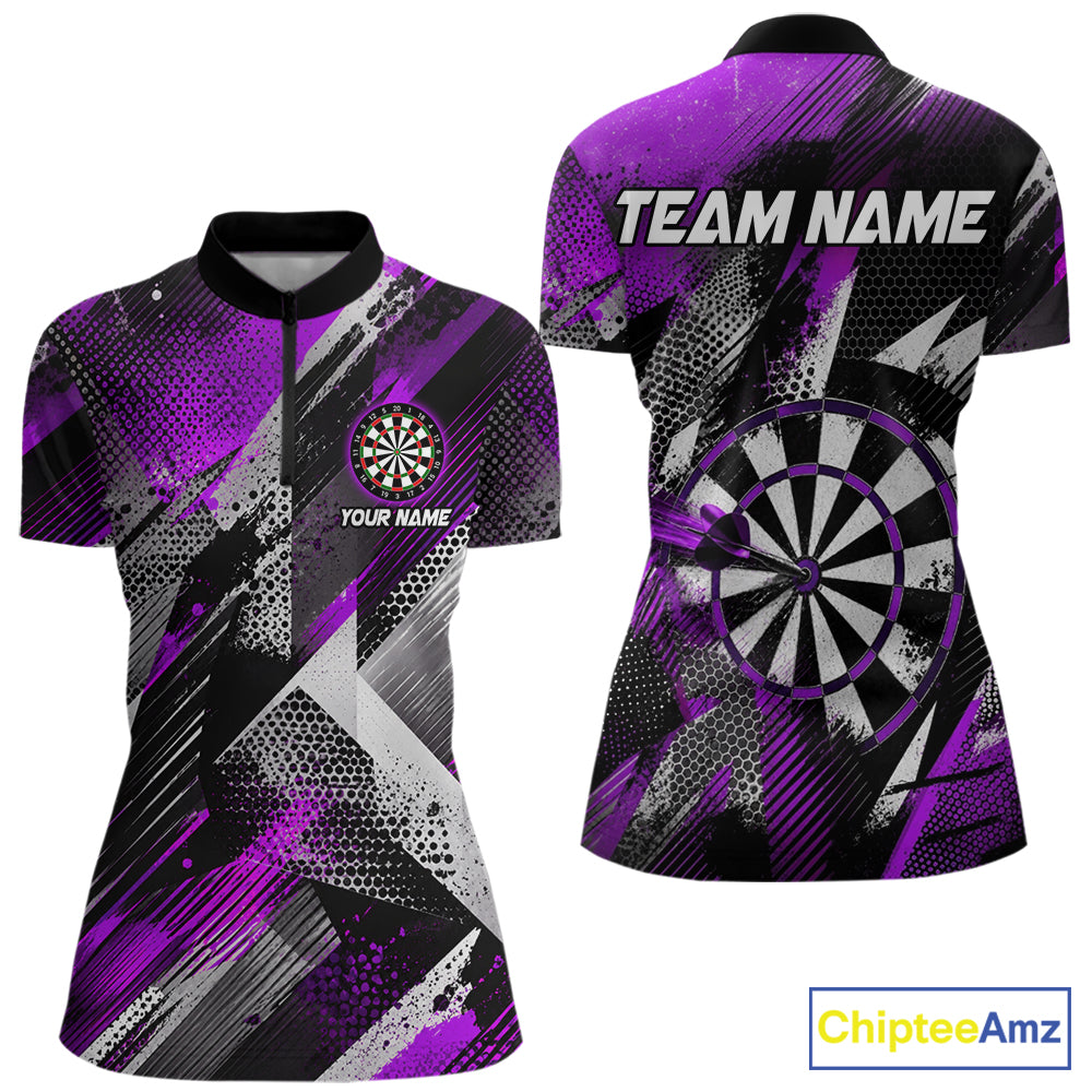 Personalized Purple Geometric Grunge Darts Shirt For Women Custom Darts Team Jersey Polo & 1/4 Zip TDM6509