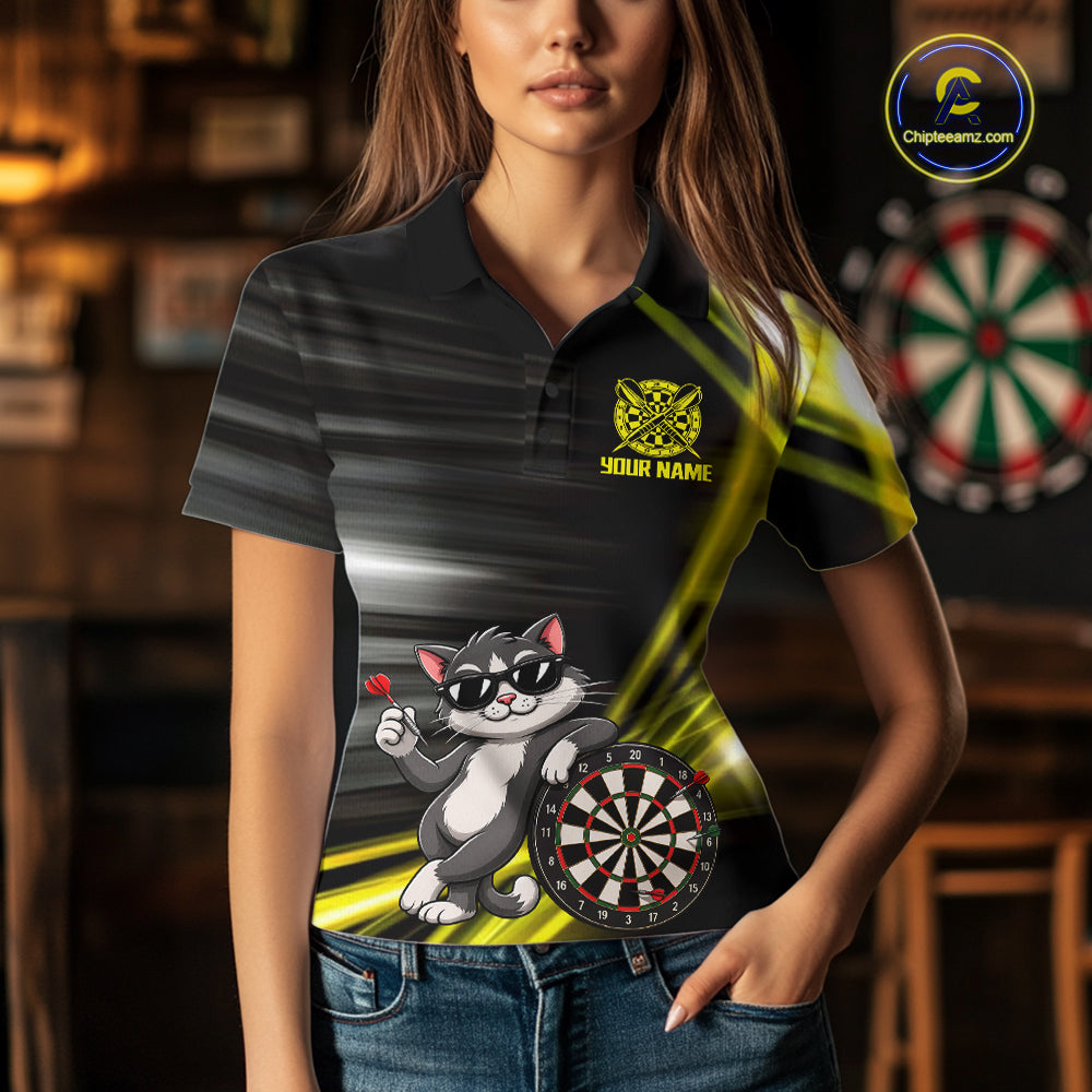 Custom Black And Yellow Funny Cat Darts Shirt For Women, Darts Jersey Polo & 1/4 Zip, Darts Gifts TDM6510