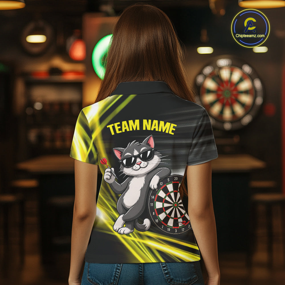 Custom Black And Yellow Funny Cat Darts Shirt For Women, Darts Jersey Polo & 1/4 Zip, Darts Gifts TDM6510