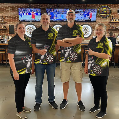 Custom Black And Yellow Funny Cat Darts Shirt For Women, Darts Jersey Polo & 1/4 Zip, Darts Gifts TDM6510