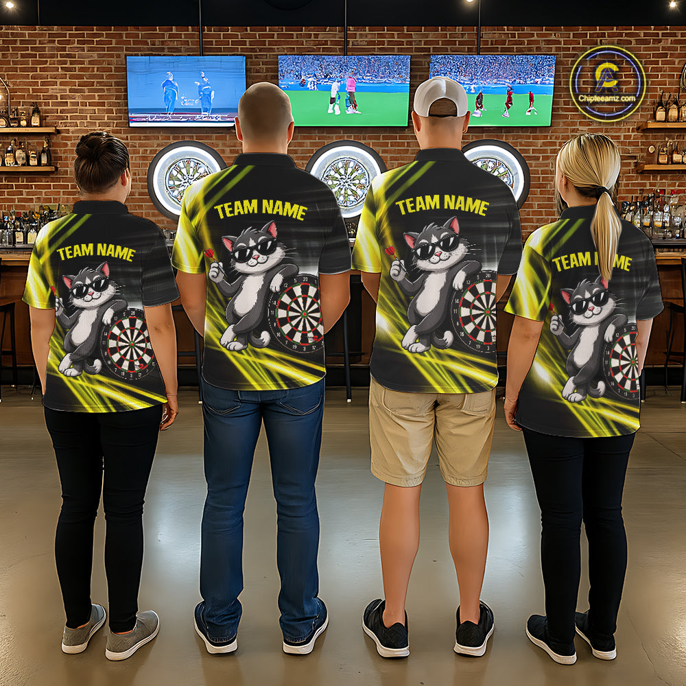 Custom Black And Yellow Funny Cat Darts Shirt For Women, Darts Jersey Polo & 1/4 Zip, Darts Gifts TDM6510