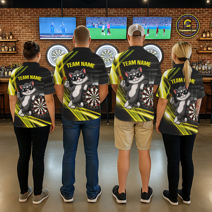 Custom Black And Yellow Funny Cat Darts Shirt For Women, Darts Jersey Polo & 1/4 Zip, Darts Gifts TDM6510