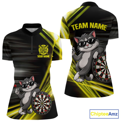 Custom Black And Yellow Funny Cat Darts Shirt For Women, Darts Jersey Polo & 1/4 Zip, Darts Gifts TDM6510