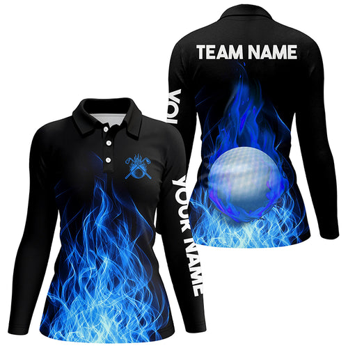 Womens Golf Polo Shirts Custom Golf Ball Fire Flame Golf Outfit For Ladies, Best Golf Gifts |Blue TDM1817