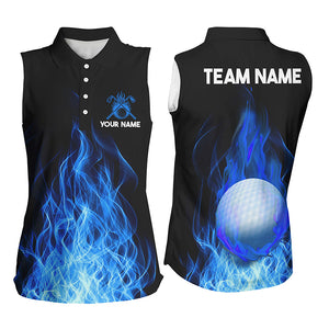 Women Sleeveless Polo Shirt Custom Golf Ball Fire Flame Golf Outfit For Ladies Best Golf Gifts |Blue TDM1817