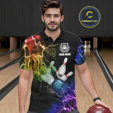 Load image into Gallery viewer, Man wearing colorful rainbow thunder lightning bowling team jersey polo shirt featuring vibrant lightning artwork, front view.
