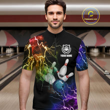 Load image into Gallery viewer, Man wearing colorful rainbow thunder lightning bowling team jersey quarter zip shirt featuring vibrant lightning artwork, front view.