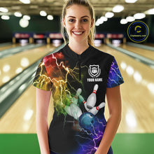 Load image into Gallery viewer, Woman wearing colorful rainbow thunder lightning bowling team jersey polo shirt featuring vibrant lightning artwork, back view.