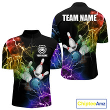 Load image into Gallery viewer, Colorful rainbow thunder lightning bowling team jersey quarter zip shirt for men featuring vivid thunder lightning graphics, premium custom bowling league apparel.