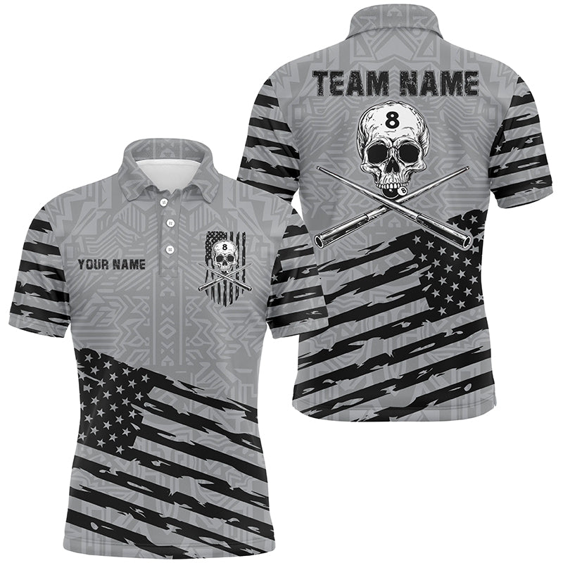 Personalized Grey US Flag Skull Billiard Shirts For Men Custom Patriotic Billiard Pool Jerseys TDM2220